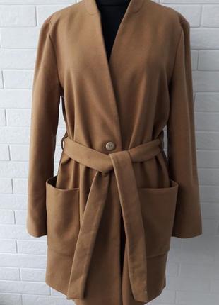 Шерстяное пальто-халат цвета кэмэл с поясом zara4 фото