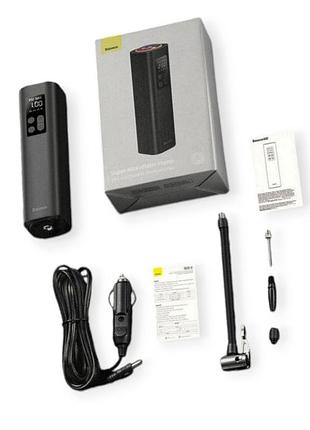 Компрессор mini baseus 10атм/30л/0.18м шланг/прикур/насадки/фонарь/led дисплей 6
