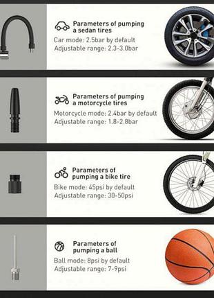 Компрессор mini baseus 10атм/30л/0.18м шланг/прикур/насадки/фонарь/led дисплей 7