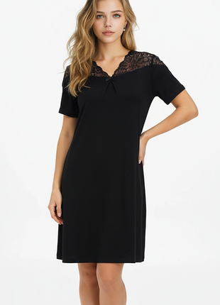 Черная ночная рубашка с кружевом, вискоза 13462