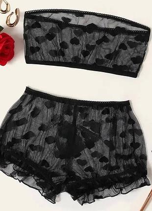 Комплект білизни жіночий сексуальний сітка сердечки червоний чорний на день святого валентина