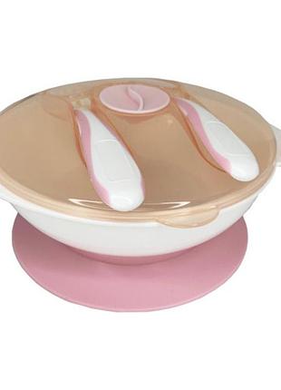 Тарелка на присоске с ложкой и вилкой mgz-0109(peach) 350 мл