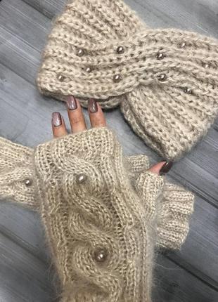 Пов'язка мохер мітенки тепла пов'язка чалма на голову рукавиці мохерові3 фото
