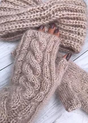 Пов'язка мохер мітенки тепла пов'язка чалма на голову рукавиці мохерові7 фото