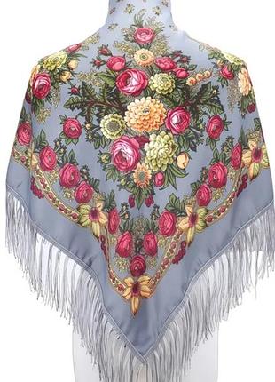 Украинский серый платок с бахромой 110*110 см / серый платье с кисточками большой / народный стиль / украинский орнамент