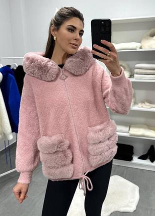 Кардиган альпака теплый с меховыми вставками с капюшоном розовый 50-58 р