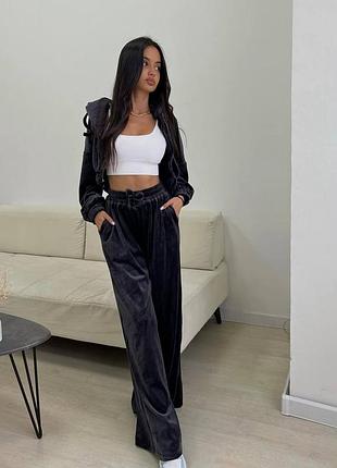 Костюм жіночий велюровий трійка топ плюс худі плюс штани палаццо в розмірах 42-44, 46-48