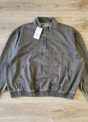 Новая zara размер xl mex 44 мужская джинсовая куртка пуловер relaxed loose fit oversized оверсайз серая на застежке denim деним 100% cotton