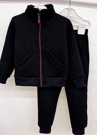 Костюм дитячий спортивний, підлітковий, теплий, кофта на блискавці без капюшона, з кишенею, штани, флісовий чорний