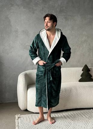 Халат домашній зелений чоловічий махровий теплий осінній весняний зимовий з капюшоном і поясом довгий міді