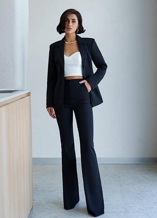 4 цвета! женский классический брючный костюм двойка, приталенный пиджак, прямые брюки, брюки клеш на высокой посадке, деловой, базовый