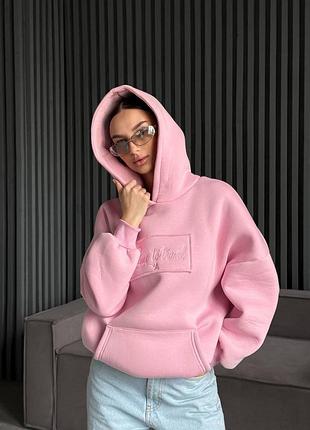 Худі жіноче тепле зимове базове з капюшоном кофта на флісі світшот якісне пеньє бежеве рожеве сіре подовжене туніка