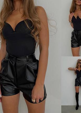 Утепленные шорты женские мягкая екко кожа на флисе черные 42-44 44-46