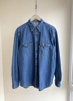 Вінтажна чоловіча джинсова вестерн сорочка на металевих кнопках levis orange tab western denim snap button long sleeve shirt vintage вінтаж 90-х l