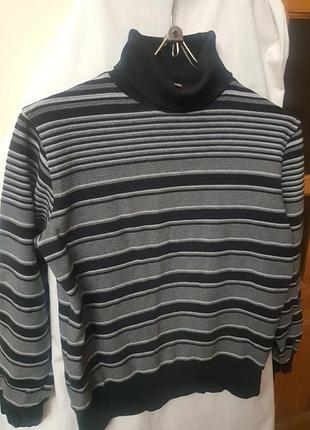 Джемпер свитер водолазка натуральный коттоновый в серо -чёрную полоску, тёплый и комфртный,м