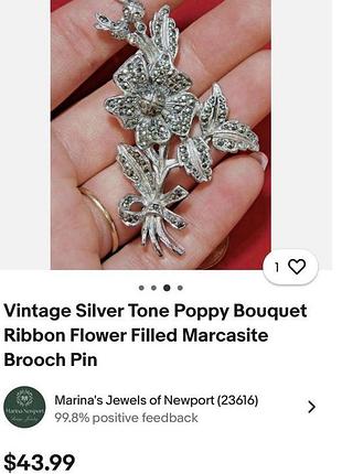 Винтажная брошь булавка в виде букета маков с лентами и марказитами 4