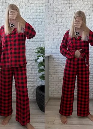 Женская пижама в клетку оверсайз с широкими брюками
