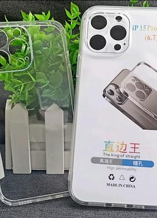 чехол для iphone 15 pro max прозрачный силиконовый tpu с защитой камеры и прямыми гранями (clear case)