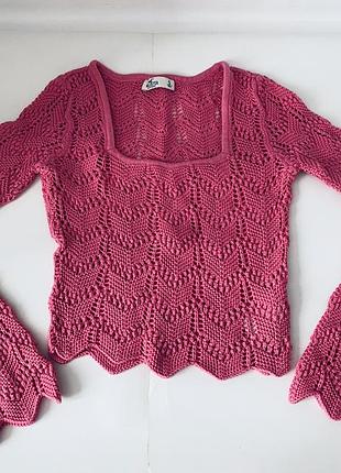 Рожевий в'язаний светр hollister з довгими рукавами та квадратним вирізом на розмір с, розовый вязаный свитер