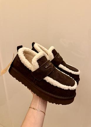 Жіночі зимові лофери з хутром itts 36р(23 см) коричневі замшеві