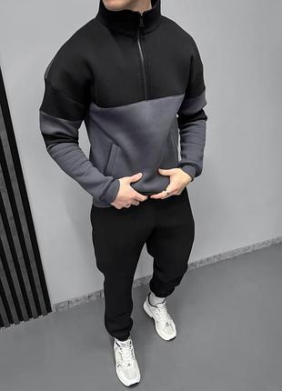 Мужской костюм черный на флисе теплый с капюшоном на молнии трикотажный на манжетах серый с серым