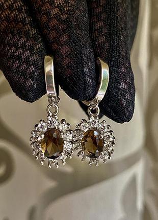 Срібнi сережки-пiдвiски з димчатими топазами