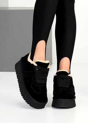 Оригінальні жіночі замшеві чорні кросівки зимові теплі на хутрі натуральна замша зима