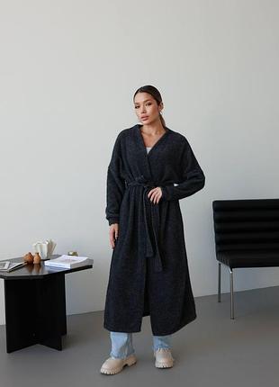 Довгий теплий кардиган з поясом і кишенями