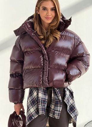 Дутый пуховик с капюшоном оверсайз глянцевый пуфер размер бургунди