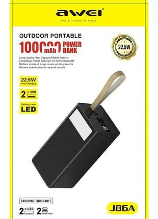 Универсальный павербанк awei j86a 100000 mah с led-дисплеем, фонариком и ремешком, ударопрочный корпус, быстрая зарядка