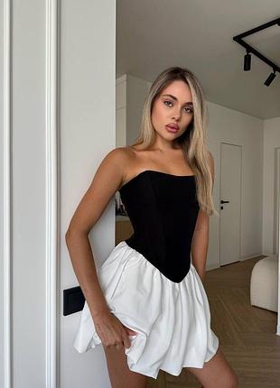 Сукня жіноча міні коротка нарядна святкова романтична гарна чорна біла з декольте з відкритими плечами з корсетом комплект
