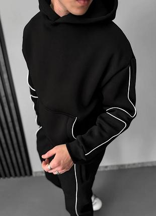 Мужской костюм черный на флисе теплый с капюшоном на молнии трикотажный на манжетах