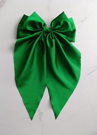 Зелений бант для волосся на заколці автомат шовковий бантик