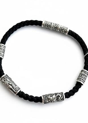 Чоловічий браслет шнур 19.5 зі срібними іконками святих, православний оберіг