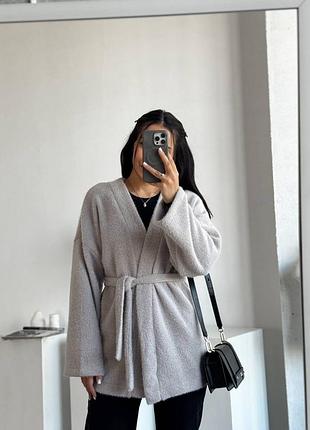 Жіночий стильний кардиган з поясом альпака сірий