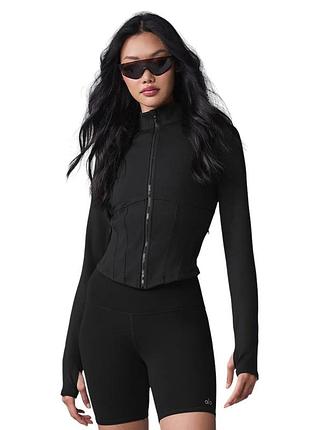 Женская спортивная приталенная кофта молния alo yoga airbrush corset full zip jacket black