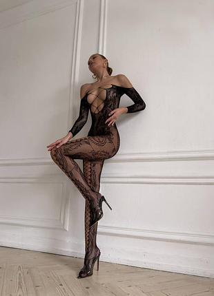 Бодістокінг чорний прозорий мереживний