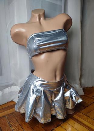 Вініловий срібний костюм спідниця і топ