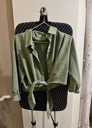 Жіноча оливкова блуза з поясом, сорочка на запах, укорочена блузка з довгим рукавом