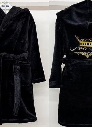 Халат детский подростковый с капюшоном, теплый, с вышивкой, черный