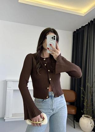 Шиколадний кардиган із золотими ґудзиками, коричневий кардиган кофта з рукавами кльош, кардиган шоко