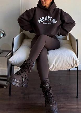 Флісовий спортивний костюм жіночий на флісі теплий якісний базовий на зиму з капюшоном зимовий коричневий