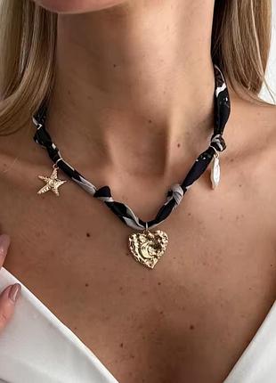 Колье бохо с подвесками ожерелье кулон сердце сердечко звезда звездочка щутическая жемчужина