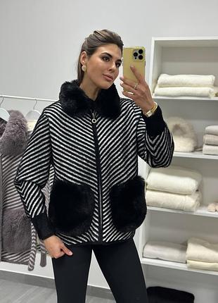 Куртка женская из альпаки на молнии, удлиненная курточка с меховым воротником и карманами