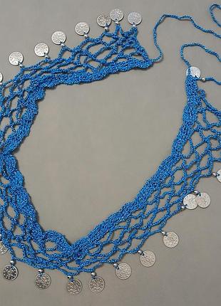 Синий вязаный пояс с металлическими монетами, доя восточных танцев, к костюму турчанка