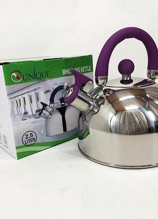 Чайник unique со свистком un-5302 2.5 л, красивый чайник для газовой плиты. цвет: фиолетовый