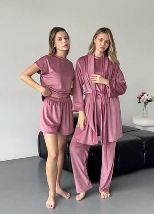 Піжама четвірка 4в1 плюш велюр  футболка+шорти+штани+ халат рожевий набір комплект для дому та сну