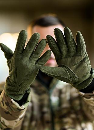 Утеплені зимові флісові рукавички з хутром олива ✅