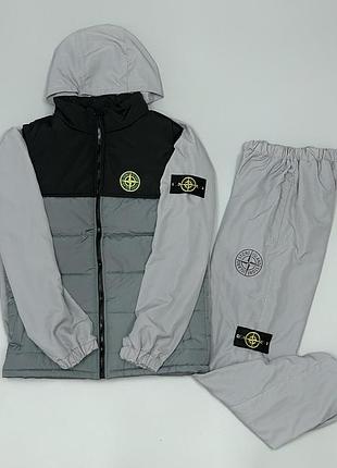 Костюм из плащевки+жилетка stone island серый
