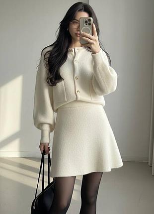 Костюм двойка из ангоры, юбка и укороченный кардиган, комплект юбка кофта
